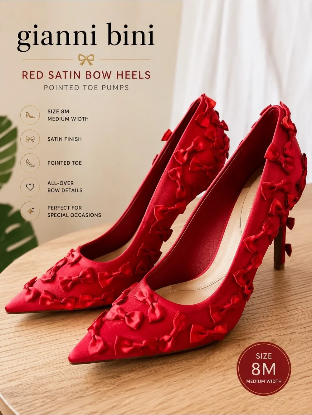 Gianni Bini Red Satin Bow Heels Pointed Toe Pumps Size 8M